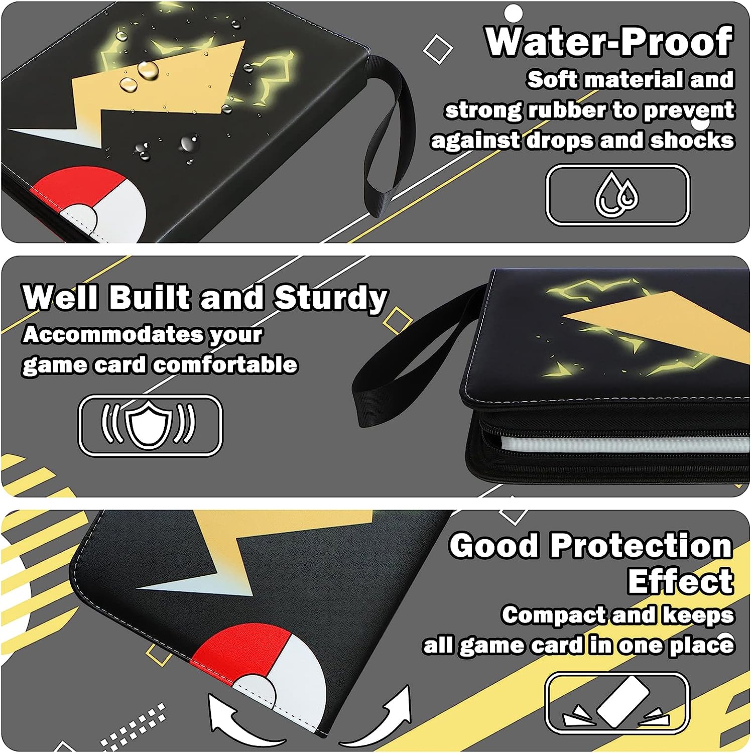 Black Card Binders for Pokemon Cards 4 Pocket - Hold 504 Game Cards with 63 Sleeves, Trading Card Collection Zipper Binder Holder for Kids Gifts - Image 3